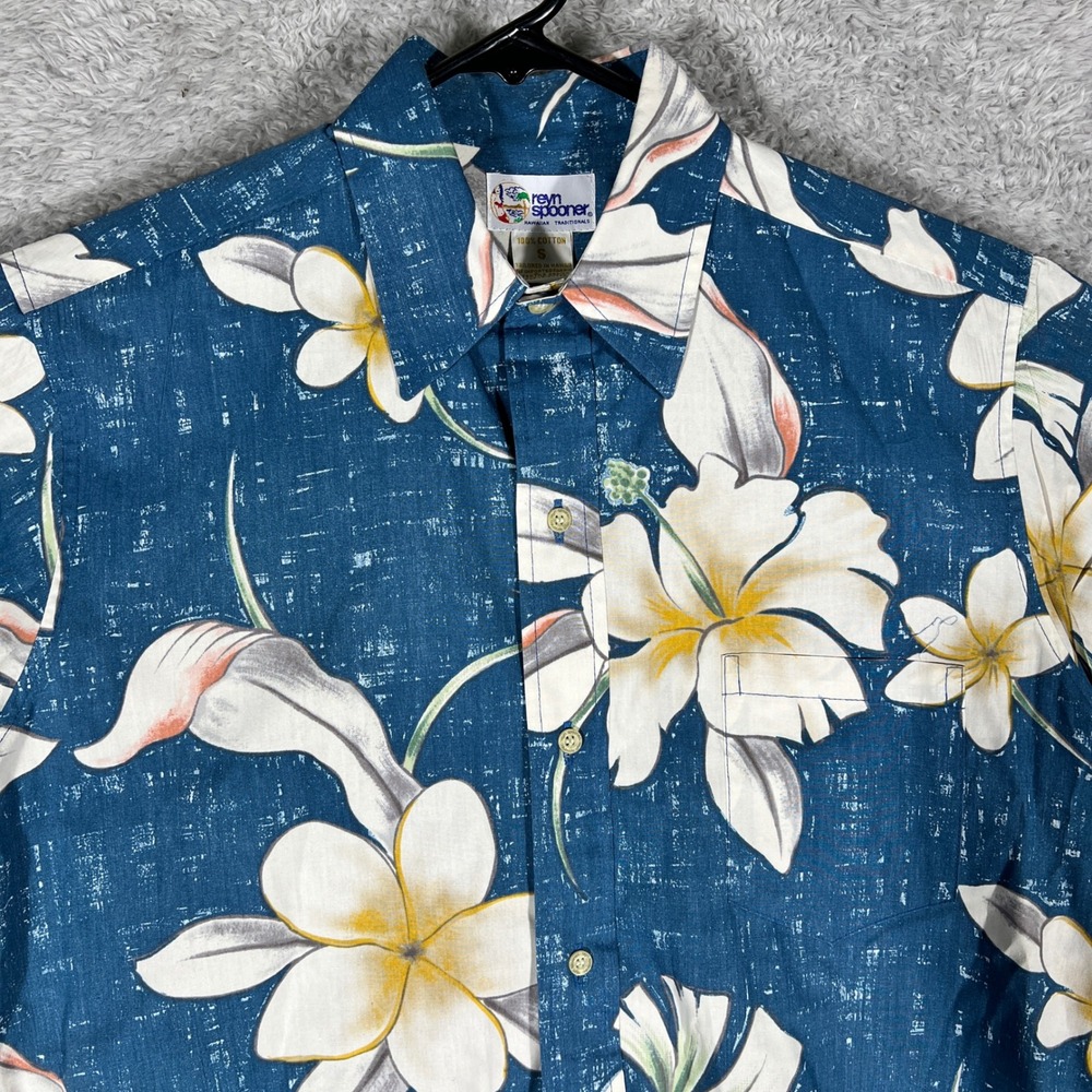 Reyn Spooner Mens Blue Floral Hibiscus Hawaiian Cotton Button Down Shirt Small